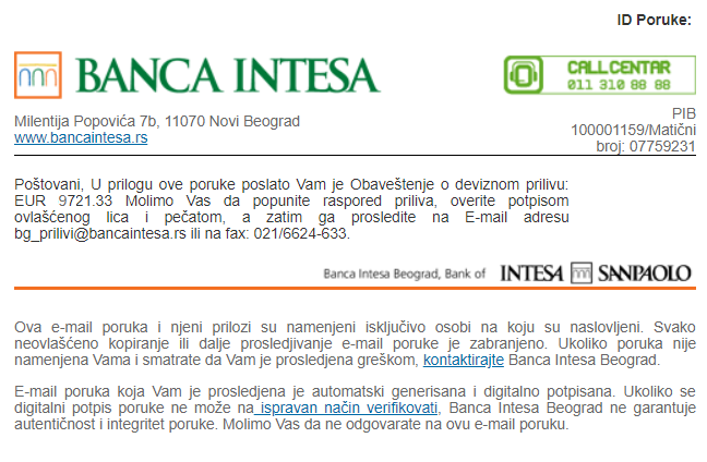 Maliciozna poruka, Banca Intesa